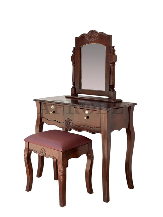 Dressing Table with Mirror and Stool | Sheesham Wood Stylish Wooden Vanity | Compact Design Durable Elegant Bedroom Furniture Makeup Organizer Home Decor (Brown)