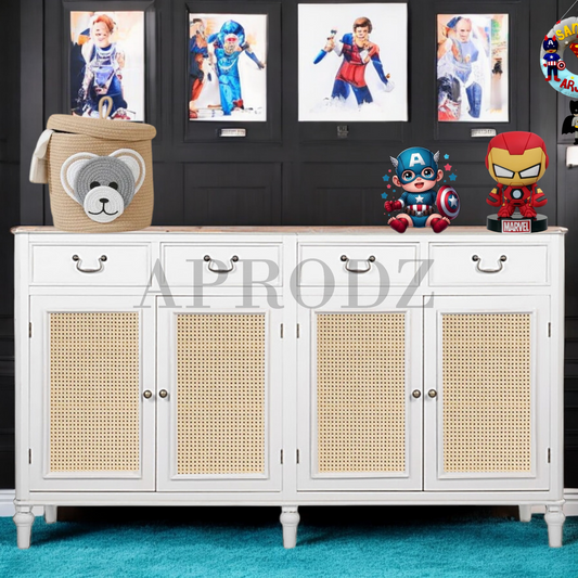 Cabinet with Cane | Front 4 Drawers 2 Shelves | Mango Wood Storage Organizer Rustic Durable Stylish Wooden Furniture Compact Design Home Decor