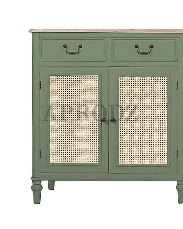 Cabinet with Cane | Front 4 Drawers 2 Shelves | Mango Wood Storage Organizer Rustic Durable Stylish Wooden Furniture Compact Design Home Decor