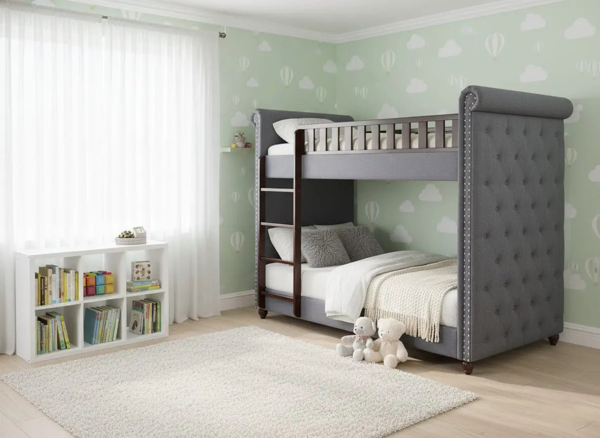 Cindy Upholstered Bunk Bed for Bedroom (Fabric Upholstered-Denim Blue + Dark Brown)