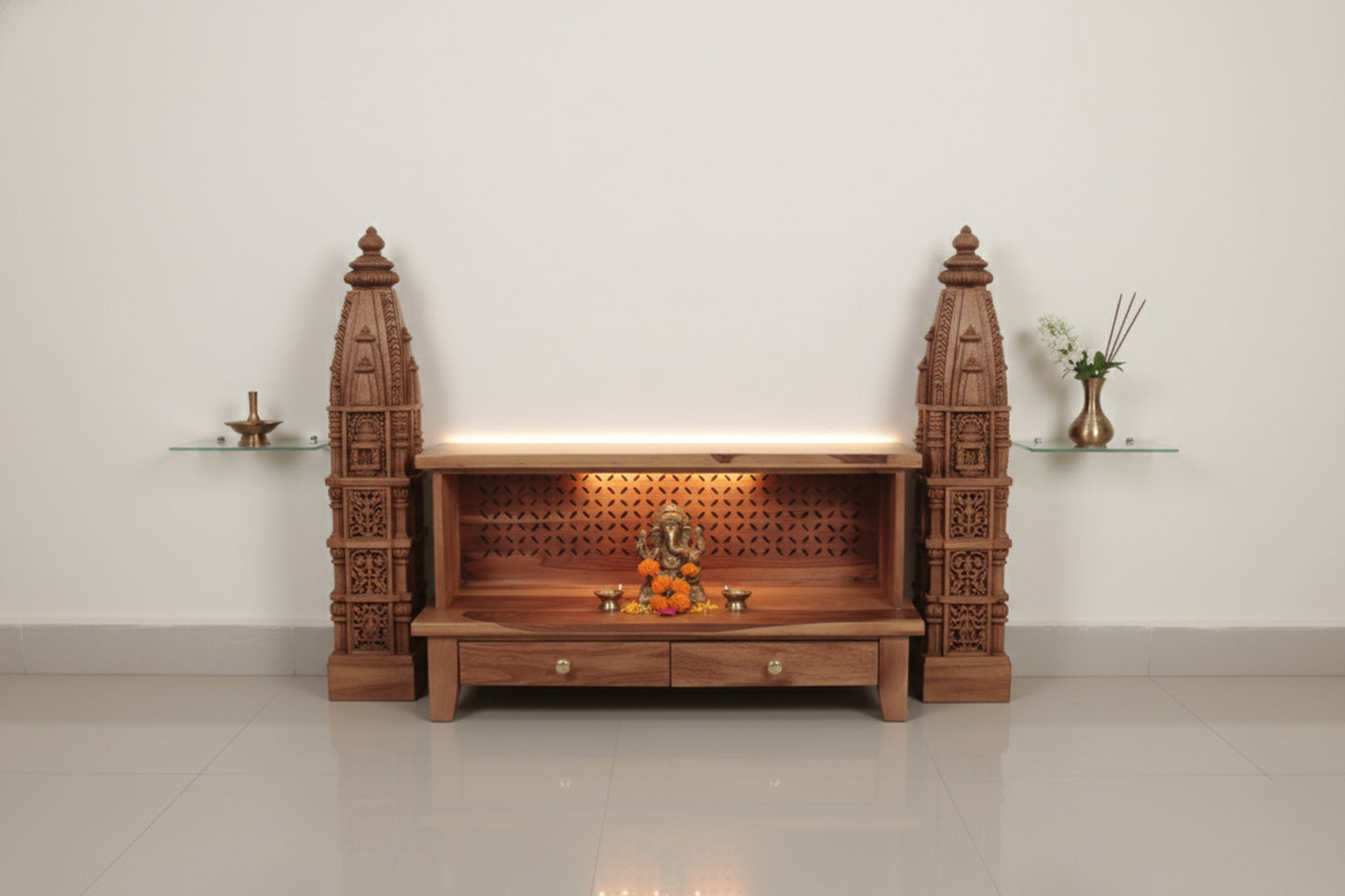 Wooden Pooja Temple – Solid Wood Floor-Mount, Polished Finish, 88.9 × 35.6 × 45.7 cm, Living Room Mandir Aprodz