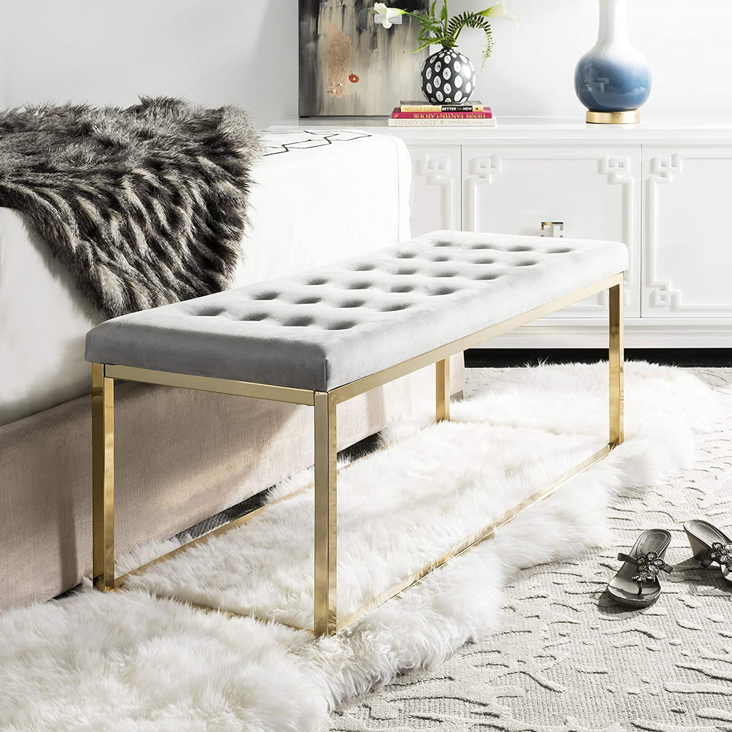Modern Tufted Upholstered Velvet and Metal Bench Ottoman