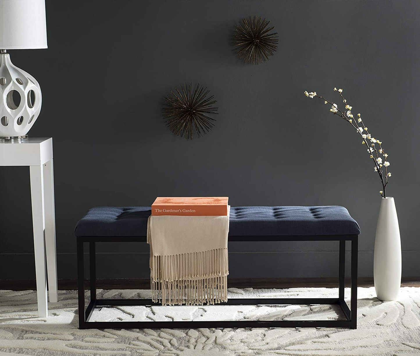 Modern Tufted Upholstered Velvet and Metal Bench Ottoman
