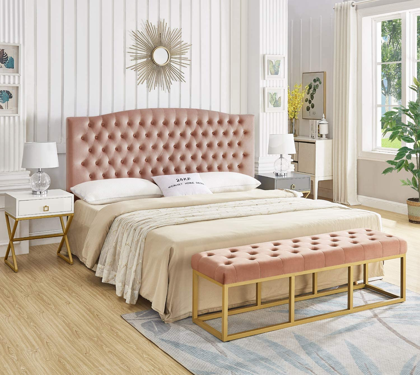 Tufted Long Upholstered Velvet and Metal Bench