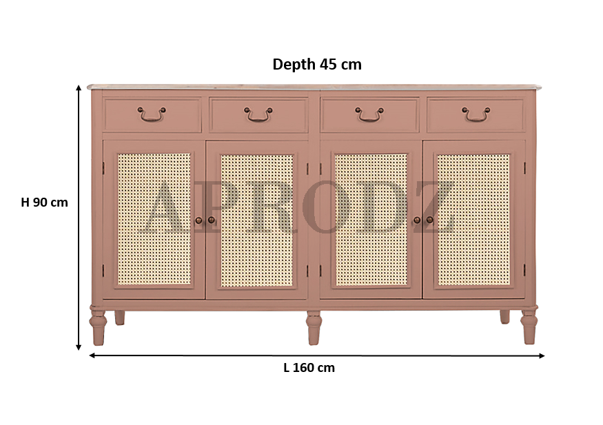 Cabinet with Cane | Front 4 Drawers 2 Shelves | Mango Wood Storage Organizer Rustic Durable Stylish Wooden Furniture Compact Design Home Decor