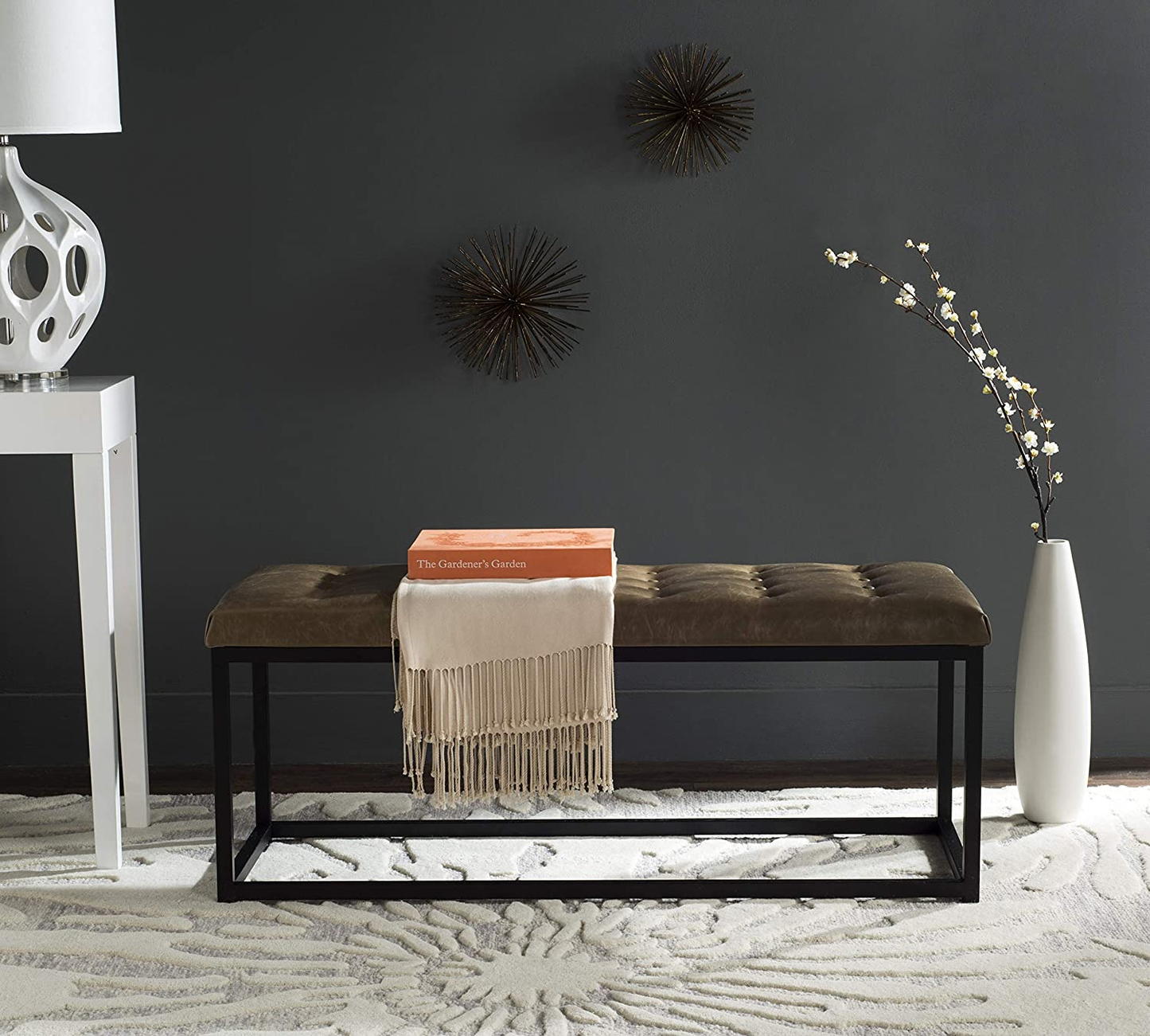 Modern Tufted Upholstered Velvet and Metal Bench Ottoman