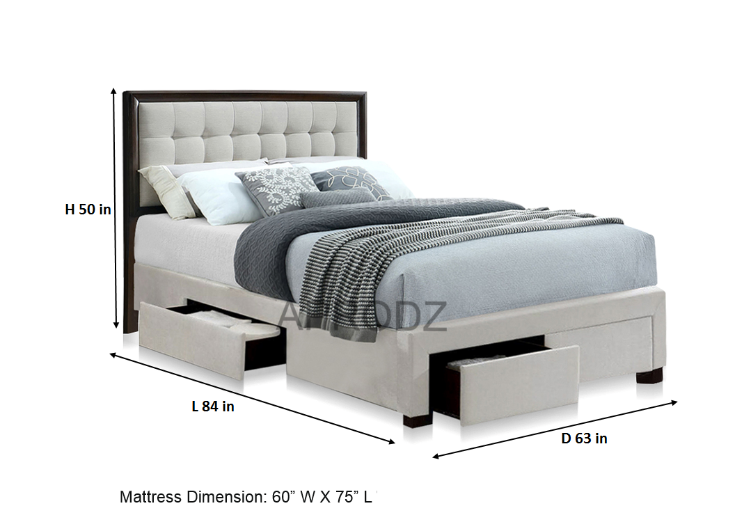 Modern King & Queen Size Storage Bed with Tufted Upholstered Headboard, 4 Drawers, Grey