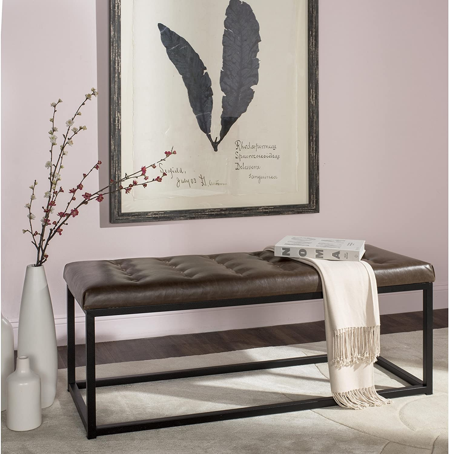 Modern Tufted Upholstered Velvet and Metal Bench Ottoman