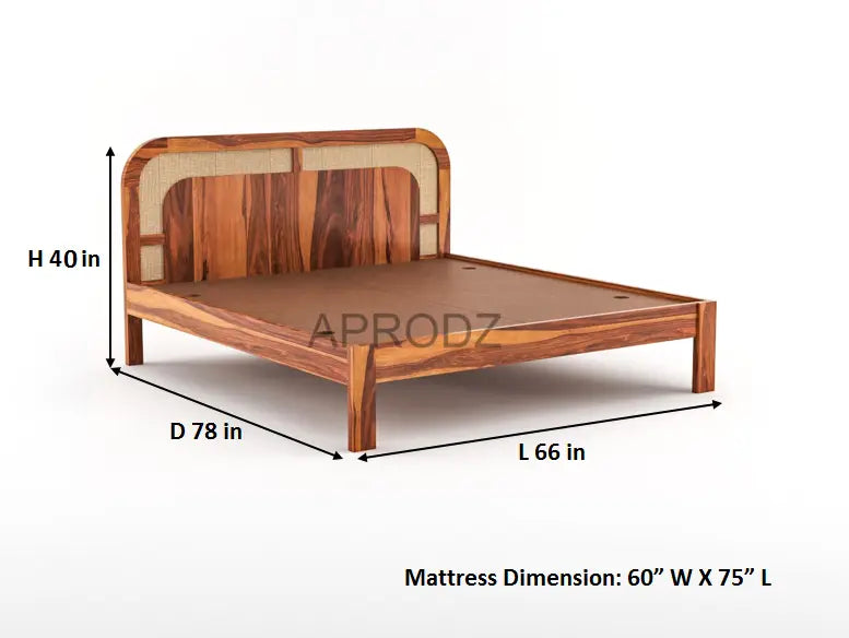 Sheesham Wood Bed with Cane Headboard | Solid Wood King & Queen Size