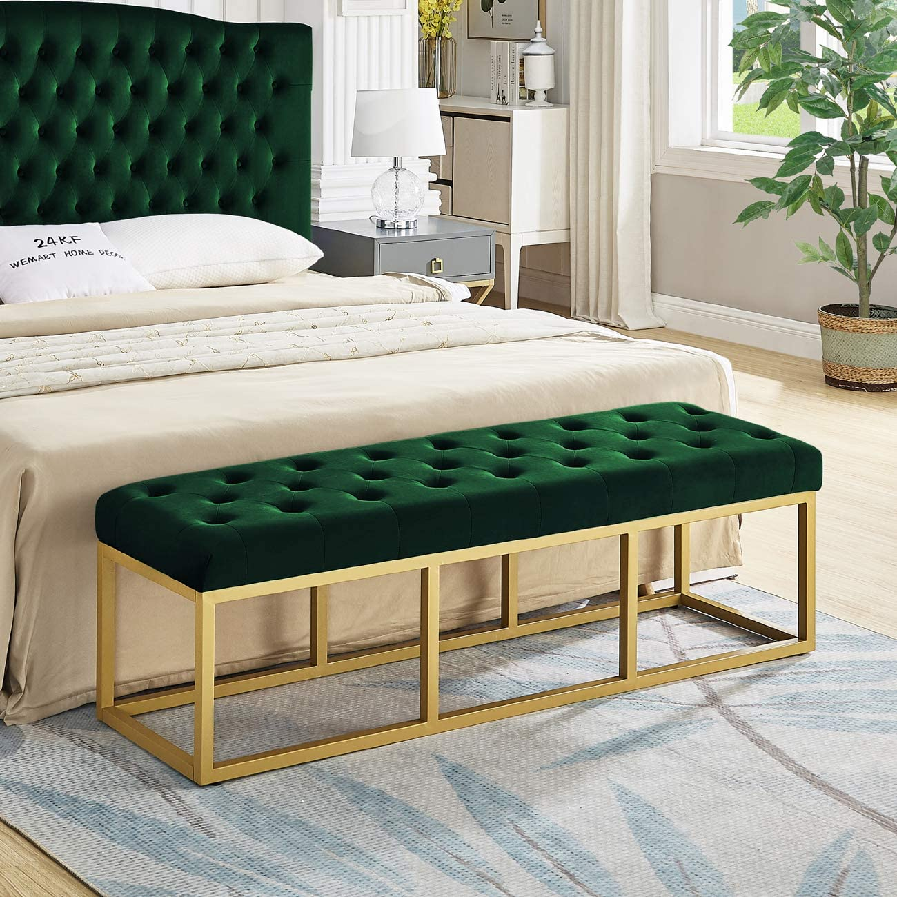Tufted Long Upholstered Velvet and Metal Bench