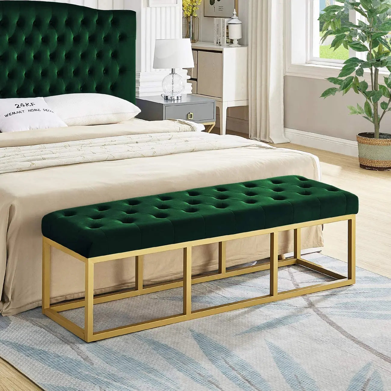 Tufted Long Upholstered Velvet and Metal Bench