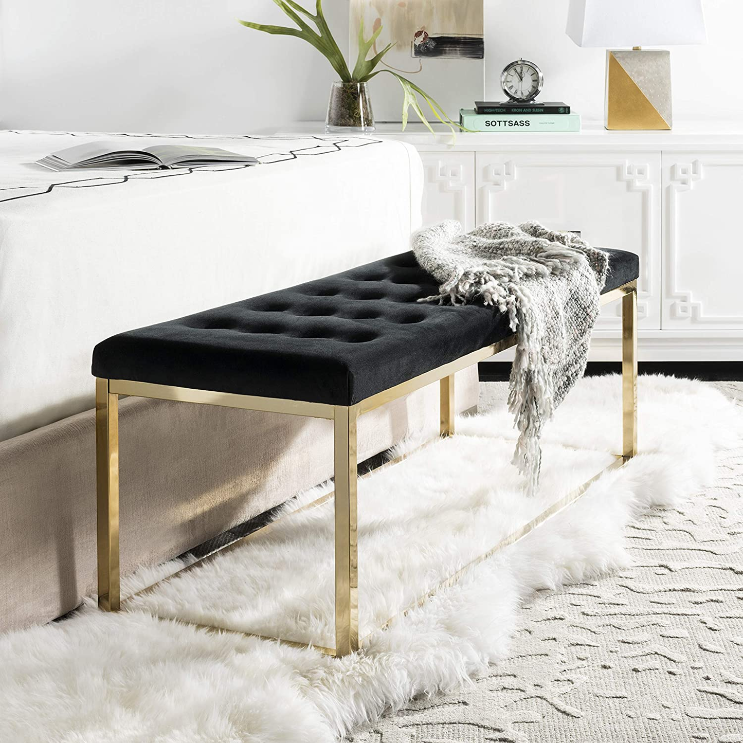 Modern Tufted Upholstered Velvet and Metal Bench Ottoman