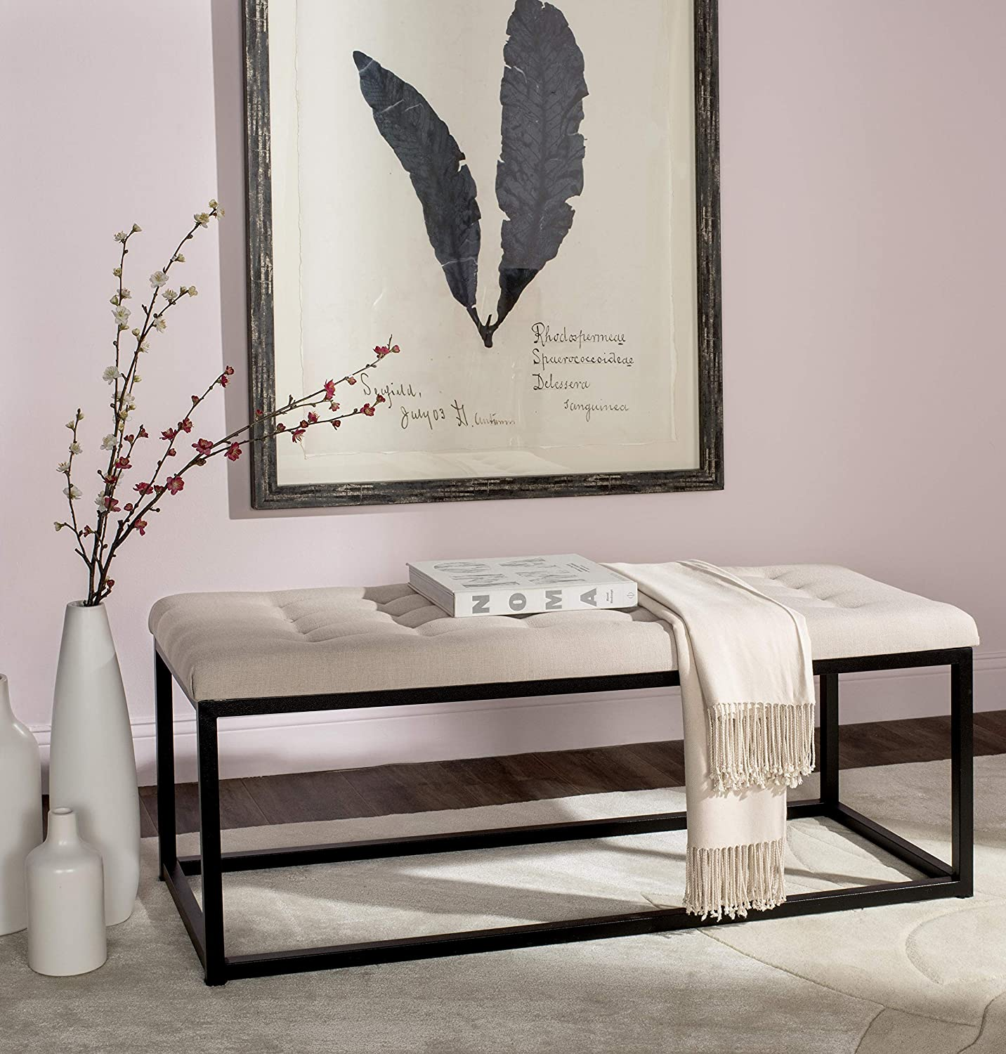 Modern Tufted Upholstered Velvet and Metal Bench Ottoman