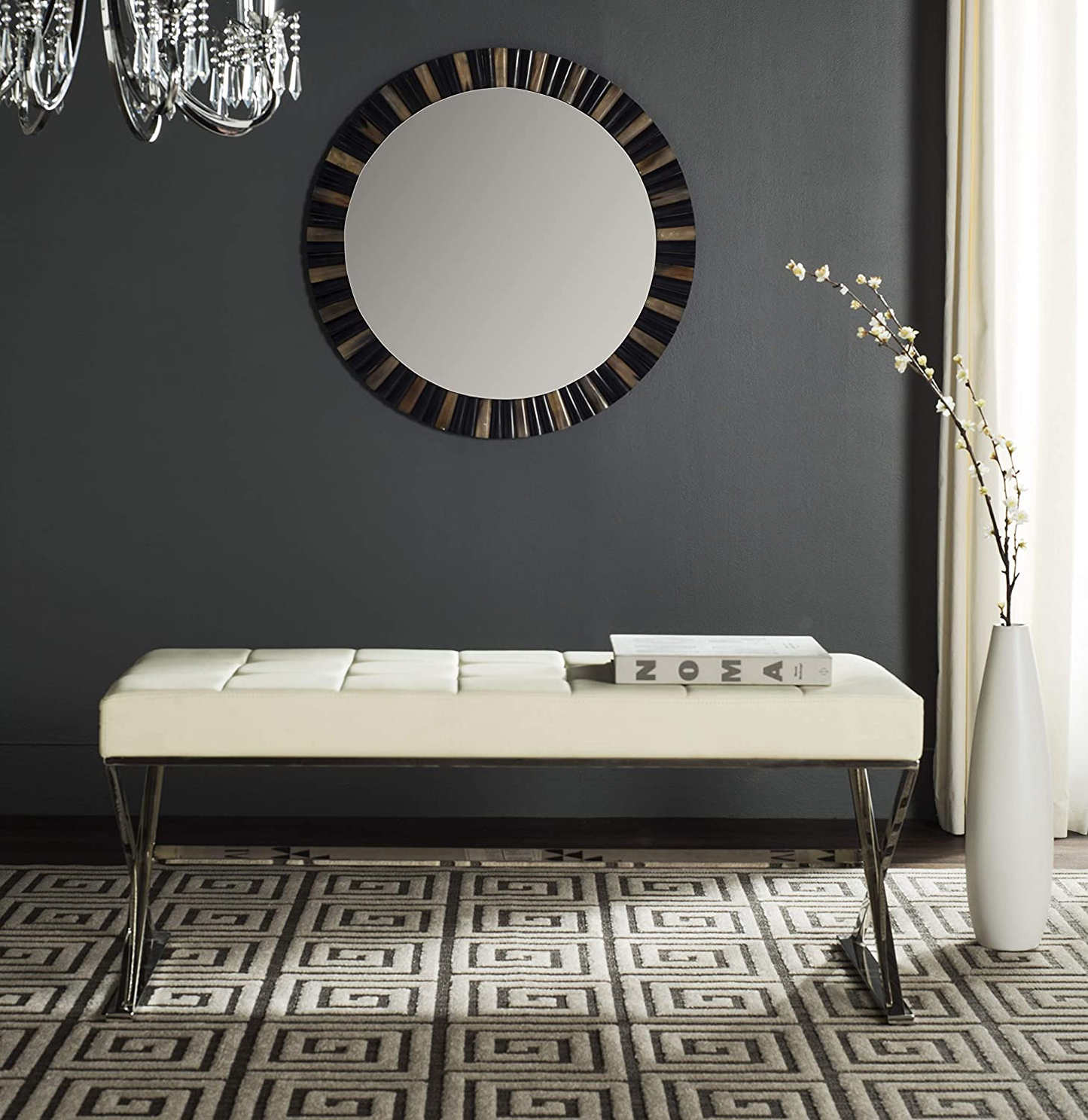 Modern Orange Upholstered Velvet and Metal Bench