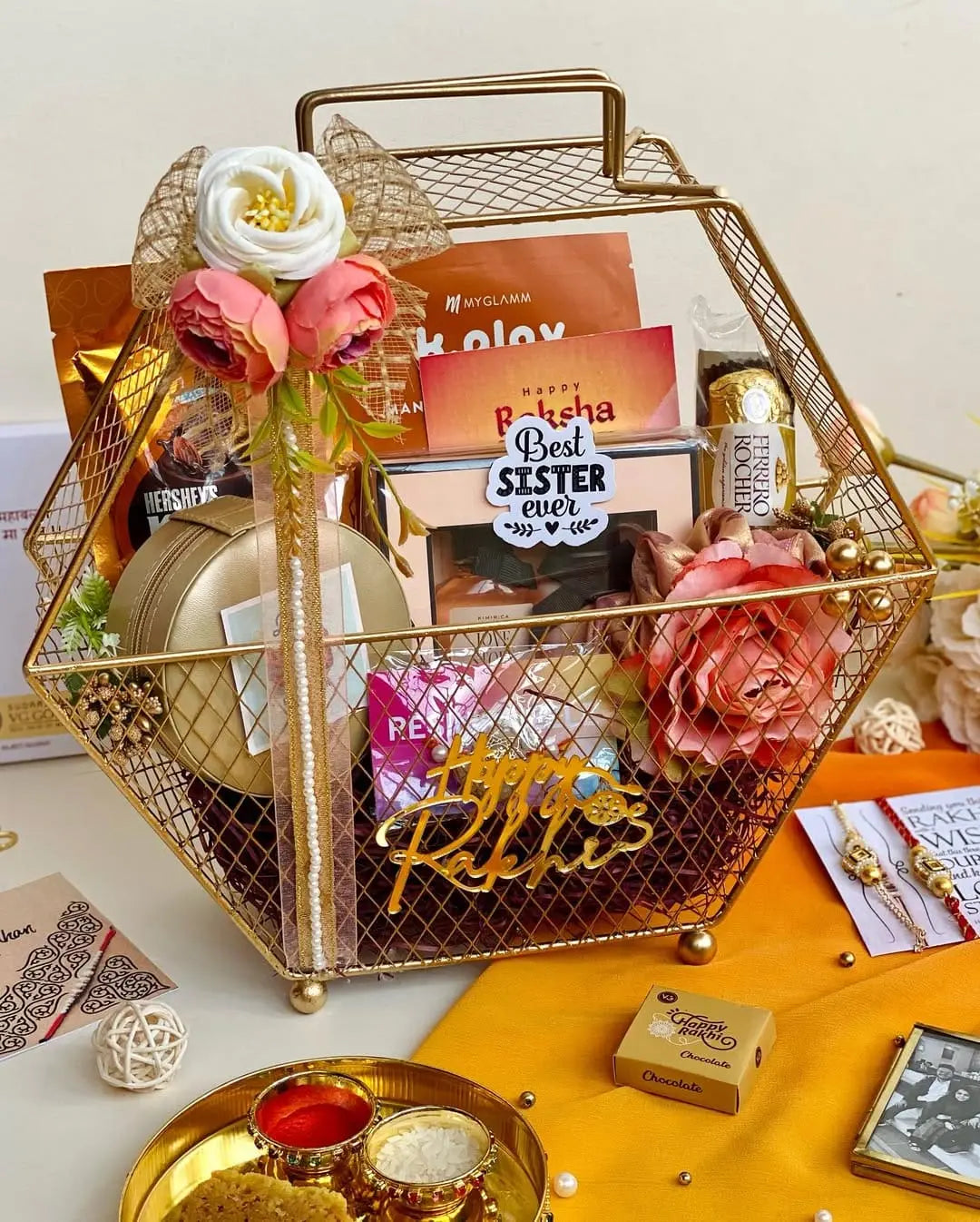 Luxe Rakhi Hamper – Hexagon Metal Basket Edition