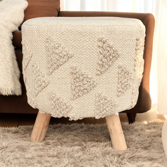 Boho Textured Ottoman Stool – Handwoven Cream Pouffe with Wooden Legs set of 2
