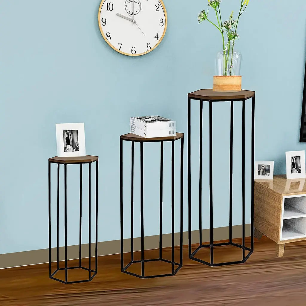 Tavolino Nesting Table(Set of 3), Brown + Black Powdercoated Finish.