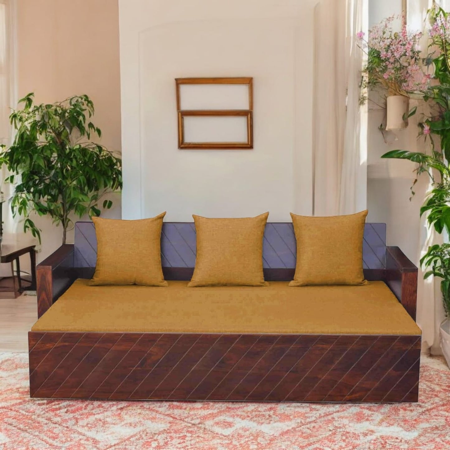 Compak Solid Sheesham Wood Sofa Cum Bed (Rosewood - Ochre Yellow Fabric + Brown)