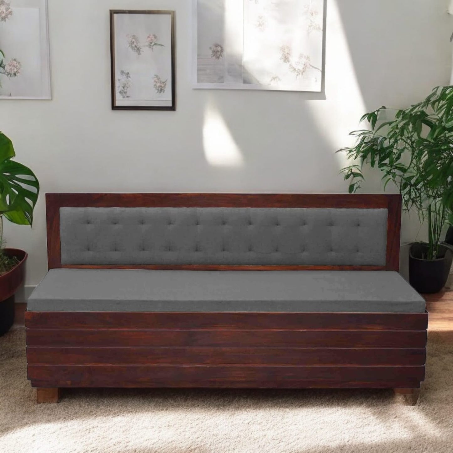 Comforto Upholstered Sheesham Wood Sofa Bed (Rosewood - Light Grey Fabric + Walnut)