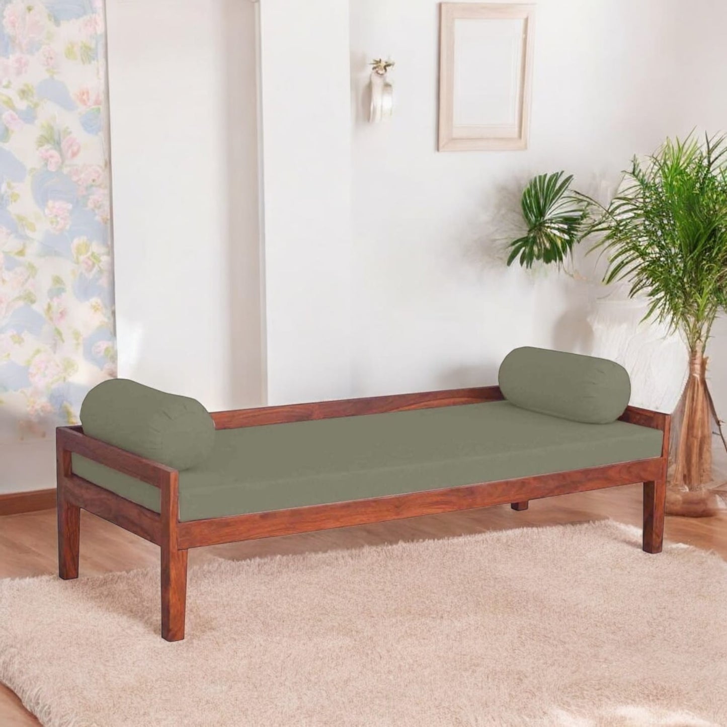 Solid Mango Wood Dewan Sofa Bed (Solid Wood - Light Grey Fabric + Brown)