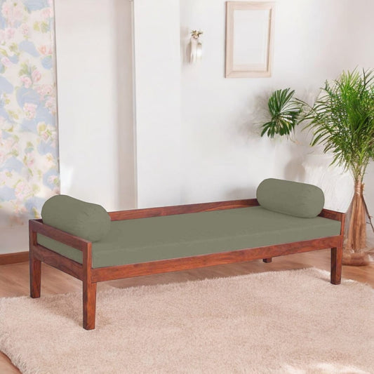 Solid Mango Wood Dewan Sofa Bed (Solid Wood - Light Grey Fabric + Brown)