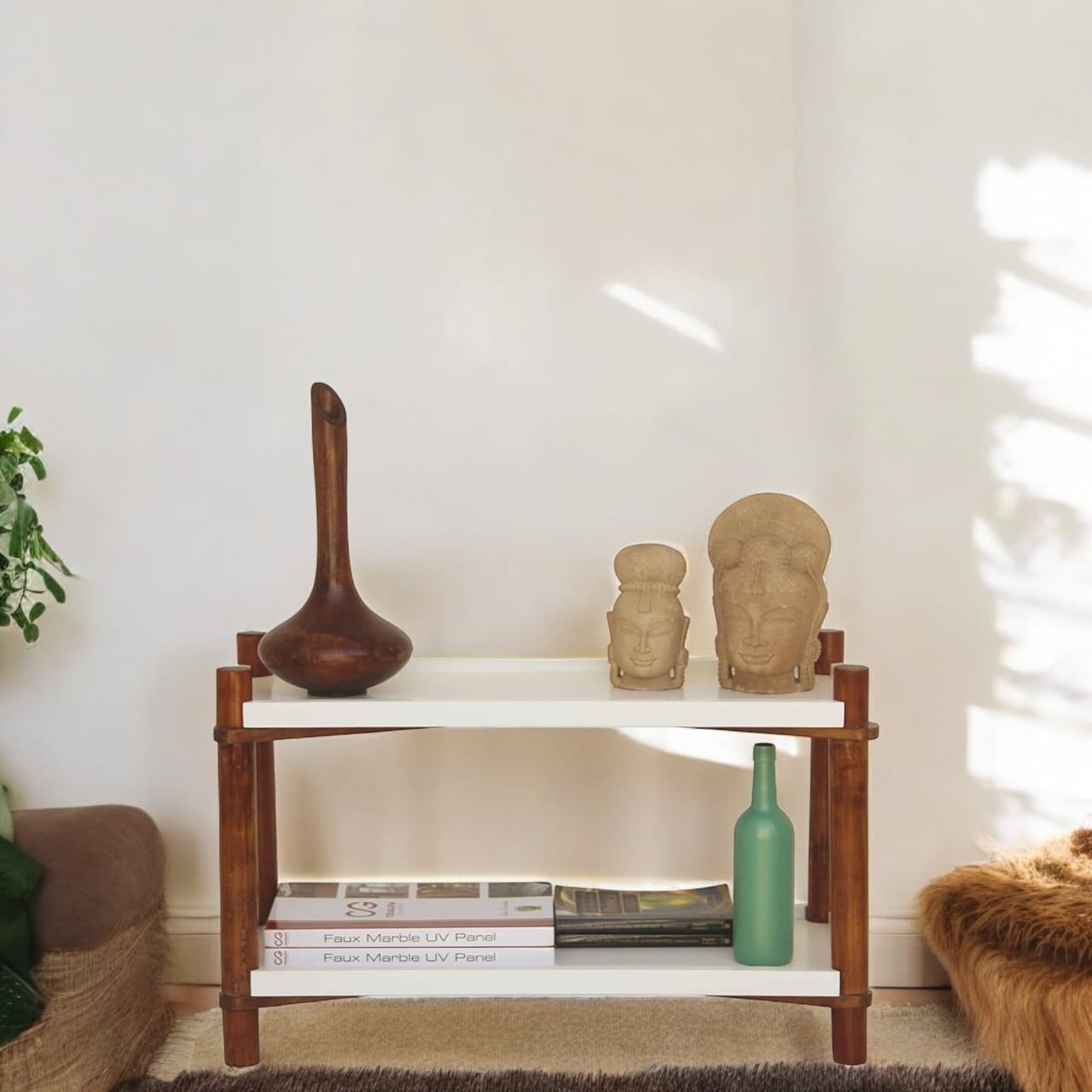 Solid Wood Open 2 Shelf Bookcases and Book Shelves for Living Room | Rack Shelf | Brown & White Finish