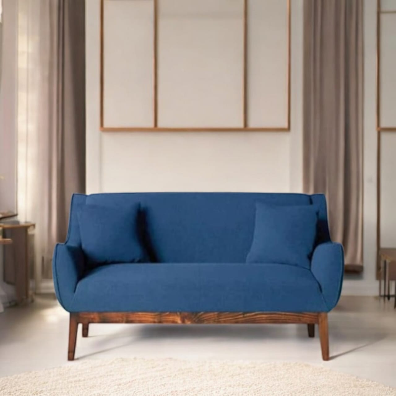 Sheesham Wood and Upholstered 3 Seater Sofa for Living Room Home Office Furniture |(Upholstered - Teal Blue Velvet + Teak)