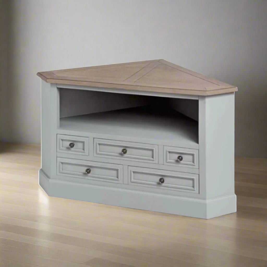 Mango Wood Vadis Corner Tv Stand Cabinet For Home | Tv Unit For Living Room | White Finish - 25.59X43.31X19.69 Inch