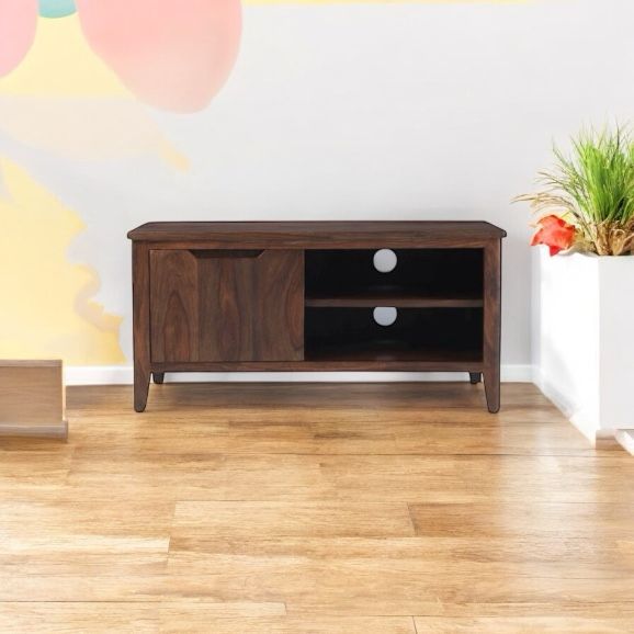 Solid Wood Bruno TV Unit with 1 Door & Shelf Storage Entertainment Unit Center Console TV Table for Living Room Furniture (Brown)