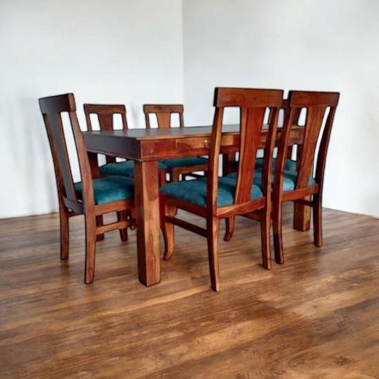 Noetic Solid Sheesham Wood 6 Seater Dining Table with Chairs (Rustic Teak Finish)