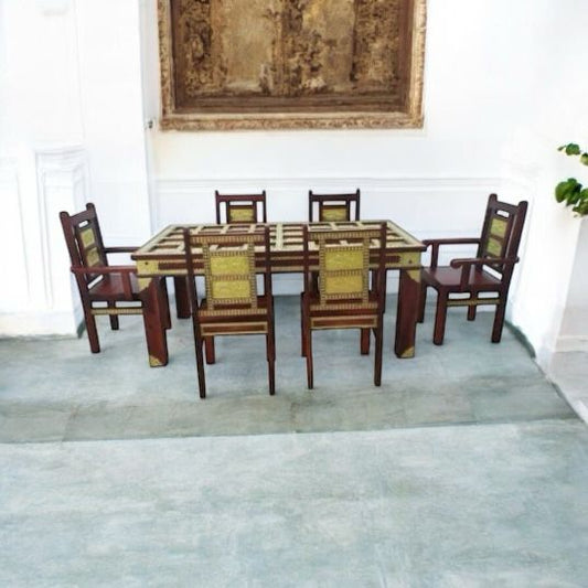 Sheesham Wood Brass 6 Seater Dining Table Set Honey Finish