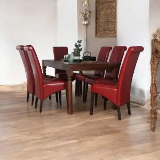 Sheesham Wood Osasco 6 Seater Dining Table Set for Home | Dining Furniture | Red Bonded Leather Chairs