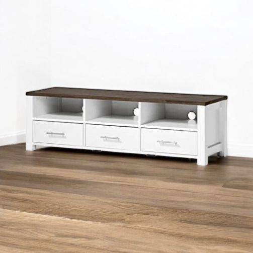 Mango Wood Three Front Drawer Storage TV Stand Entertainment Unit for Living Room | Cream Finish