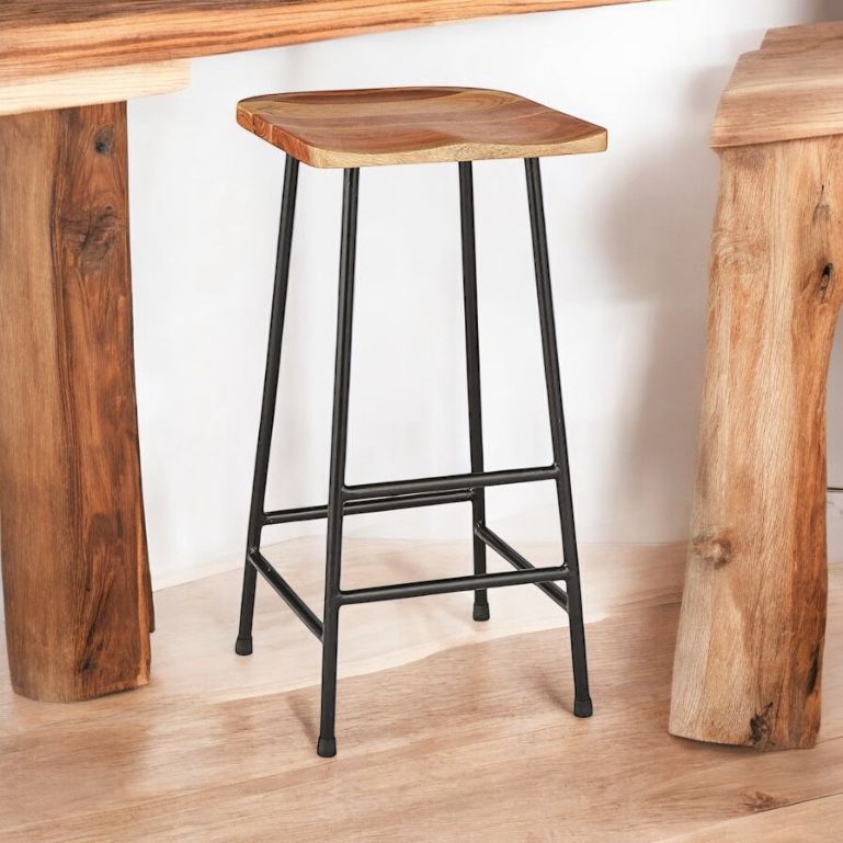 Home Jean Counterheight Bar Stools, Mango Wood, Steel Frame, Naturally Stained Seats with Black Base (Set of 2)