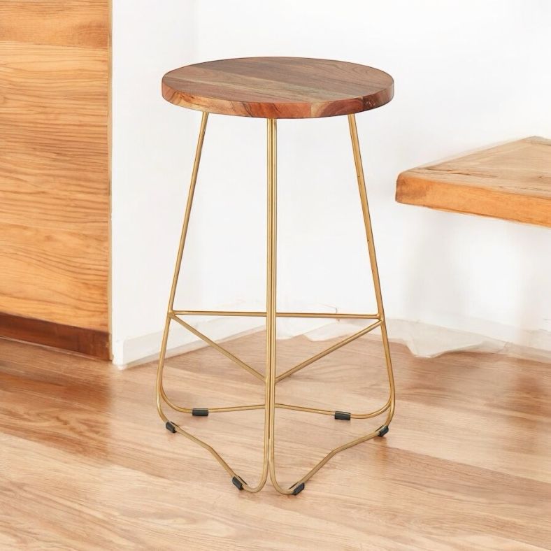 Backless Modern Counter Height Bar Stool, 25-Inch, Gold Metal Base with Natural Wood Finish Seat | Stool Set of 1
