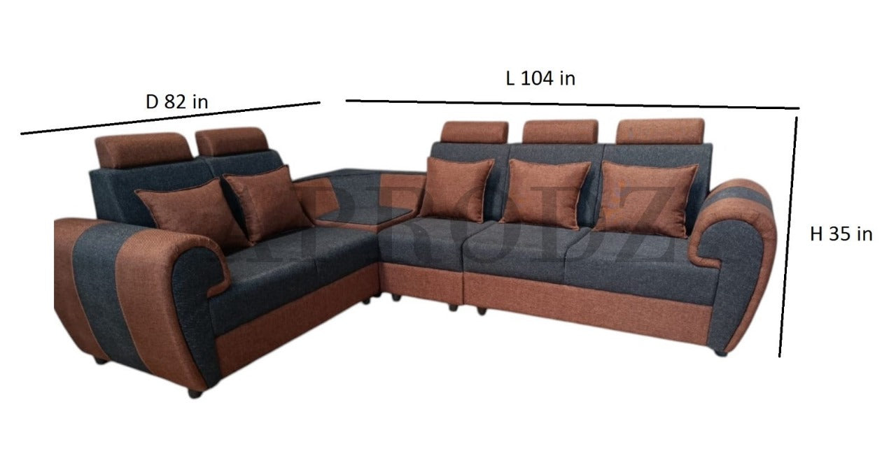 Modern L-Shaped Corner Sofa Set, 6 Seater, Two-Tone Grey and Brown with Cushions