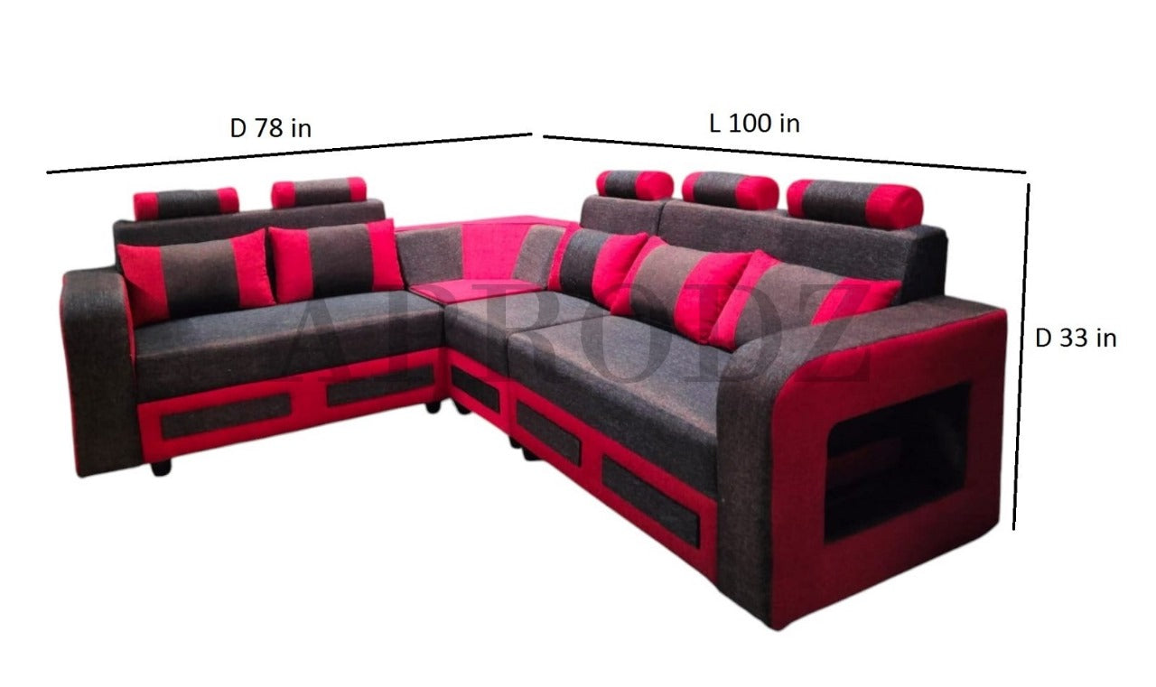 Modern L-Shaped Sectional Corner Sofa, 6 Seater, Grey and Red Fabric