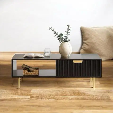 Wooden Center Table for Living Room | Rectangular Design with Shelf & Drawer | Solid Sheesham Wood & Iron Coffee Table (Black & Golden) | Sofa Teapoy Table