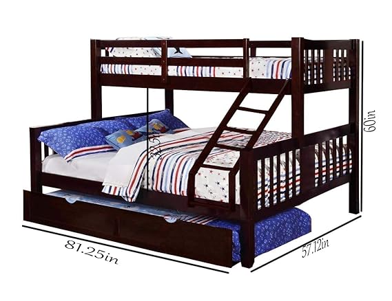 Wooden bunk bed with bedding and measurements on a white background