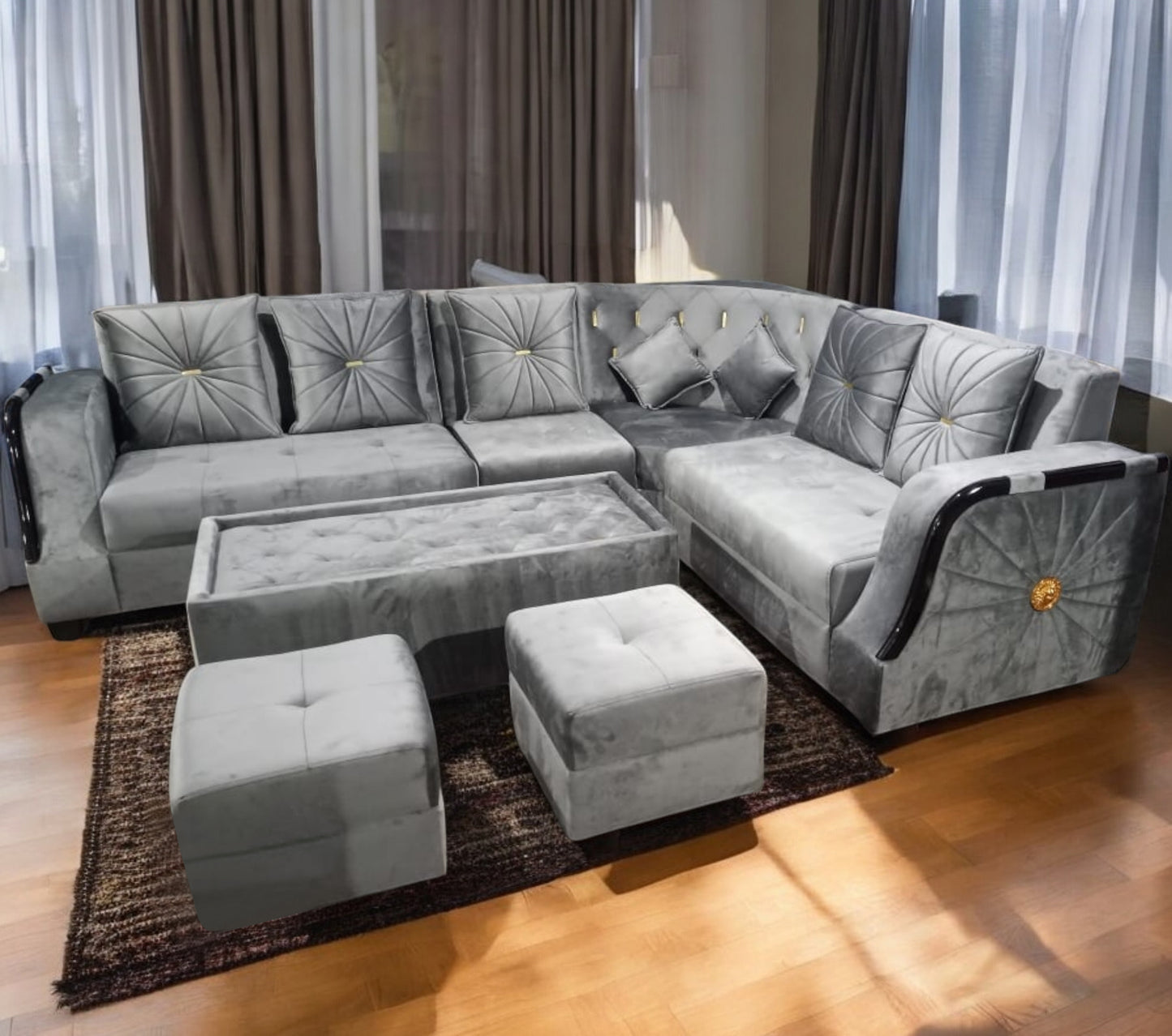 Modern L-Shaped Sectional Sofa Set, 6 Seater with Coffee Table, 2 Ottoman Stools, Grey Velvet Fabric