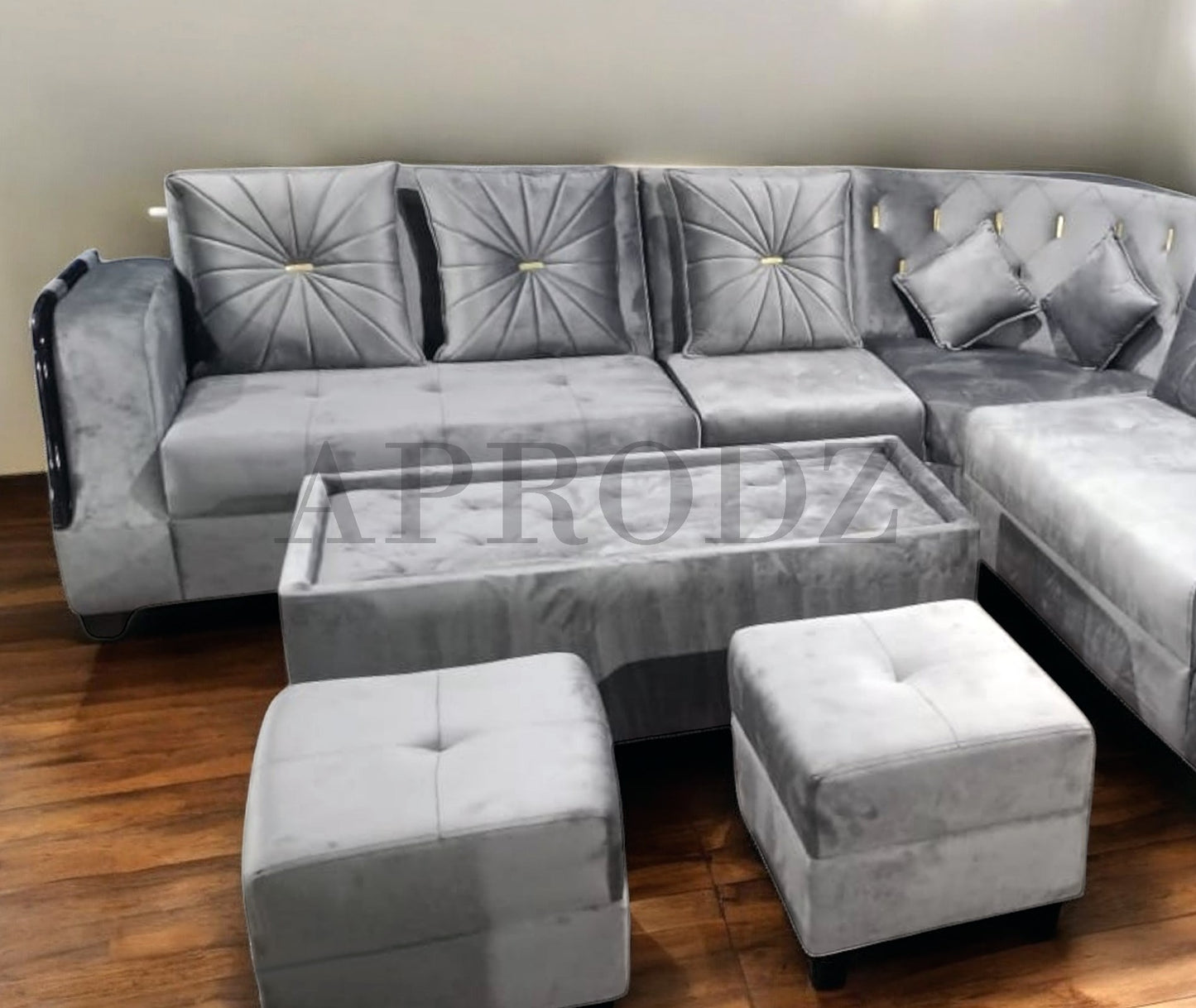 Modern L-Shaped Sectional Sofa Set, 6 Seater with Coffee Table, 2 Ottoman Stools, Grey Velvet Fabric