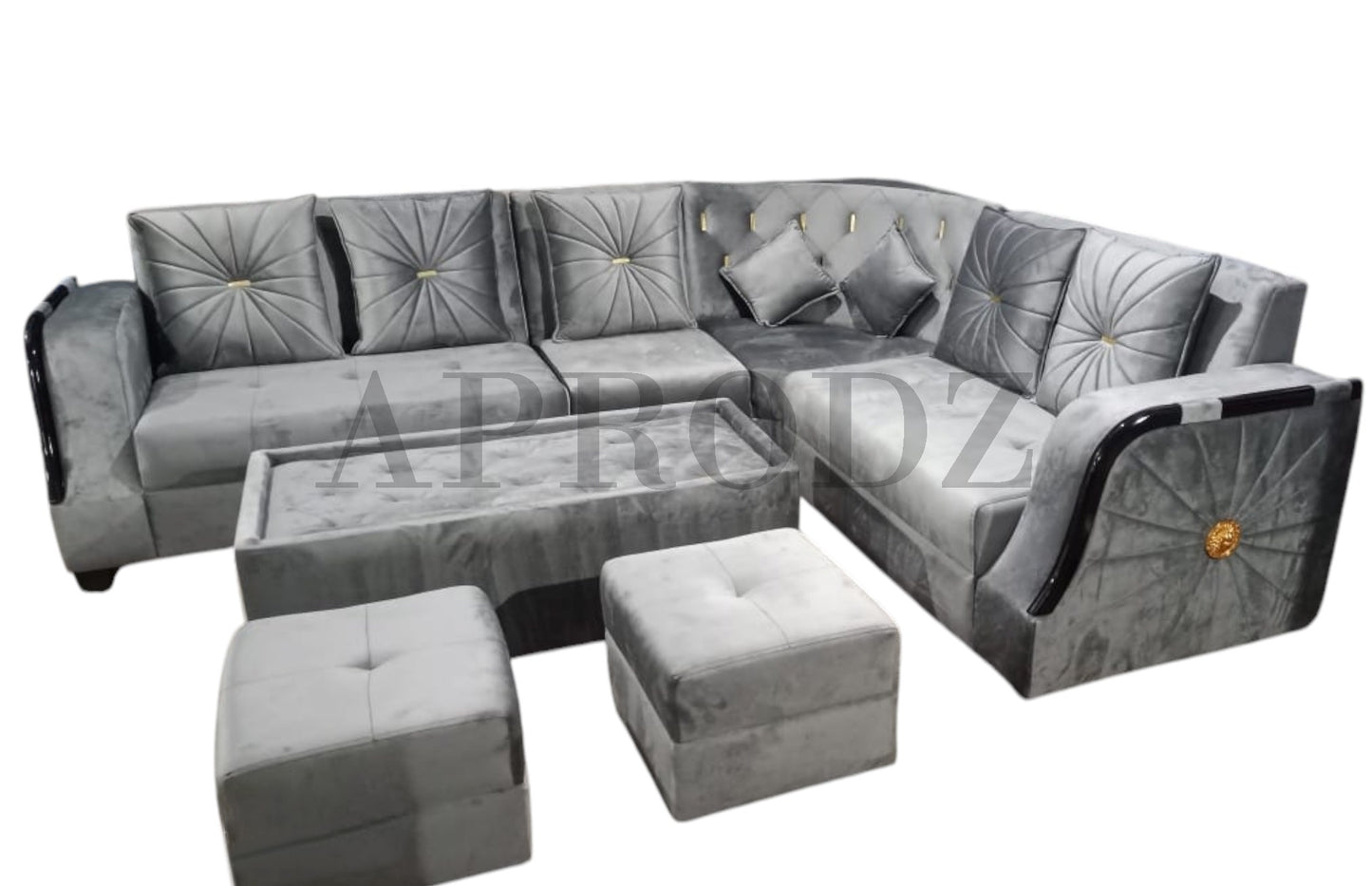 Modern L-Shaped Sectional Sofa Set, 6 Seater with Coffee Table, 2 Ottoman Stools, Grey Velvet Fabric