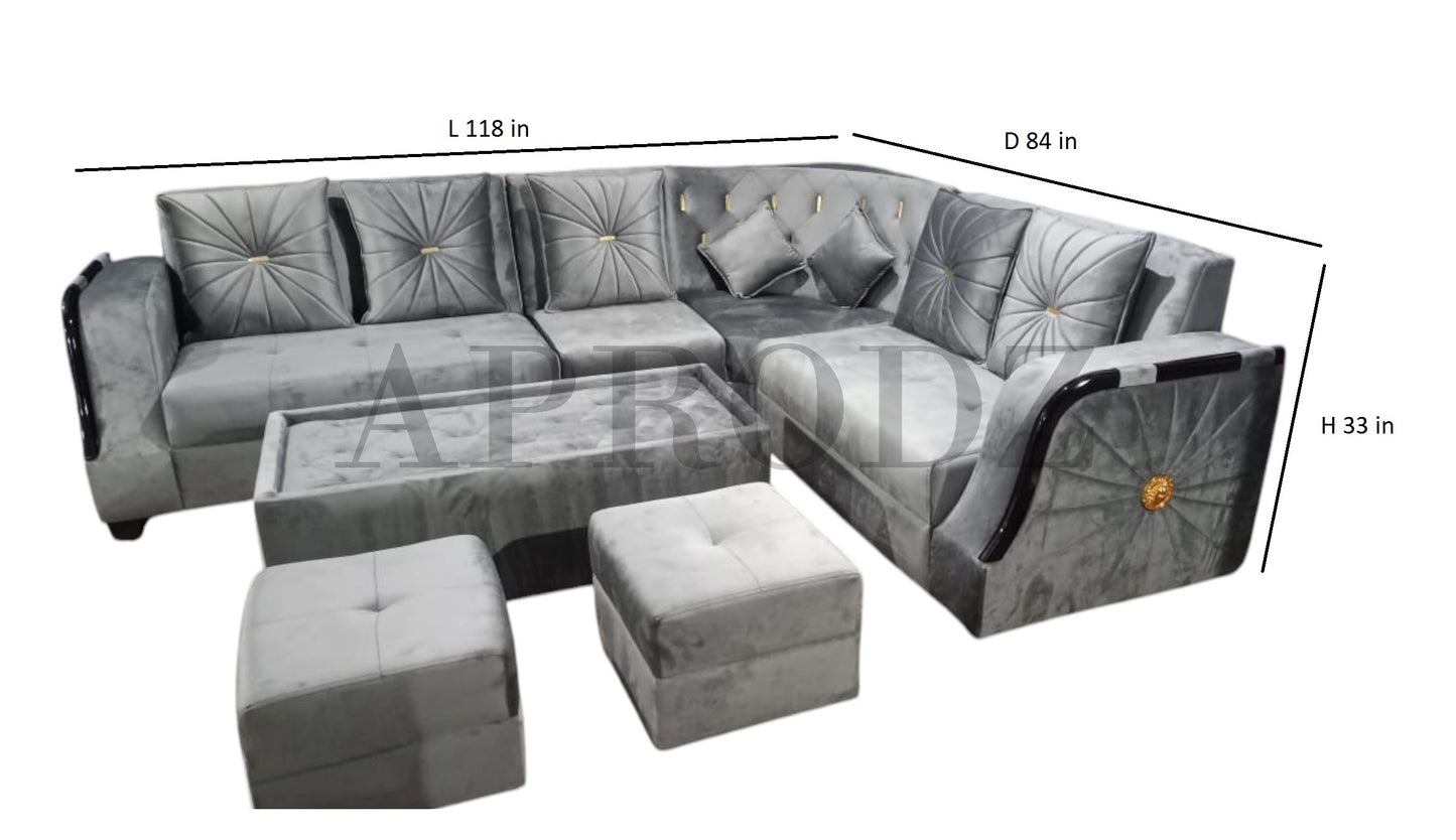 Modern L-Shaped Sectional Sofa Set, 6 Seater with Coffee Table, 2 Ottoman Stools, Grey Velvet Fabric