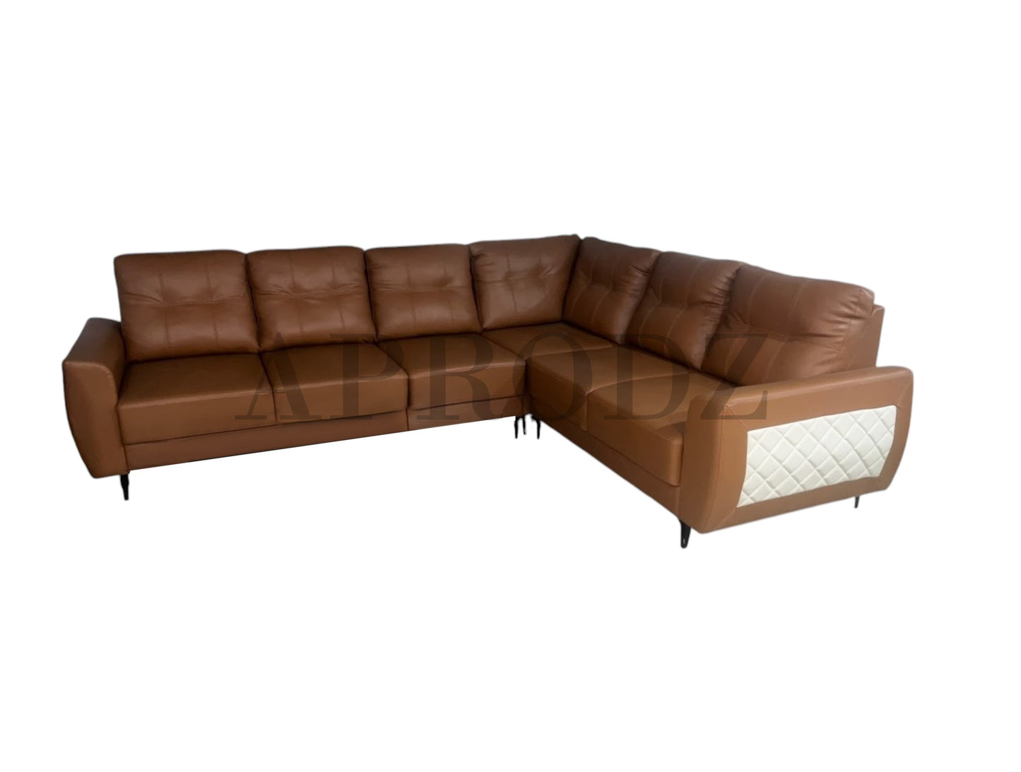 Modern L-Shaped Sectional Sofa, 6-Seater, Brown Faux Leather with Quilted Accents