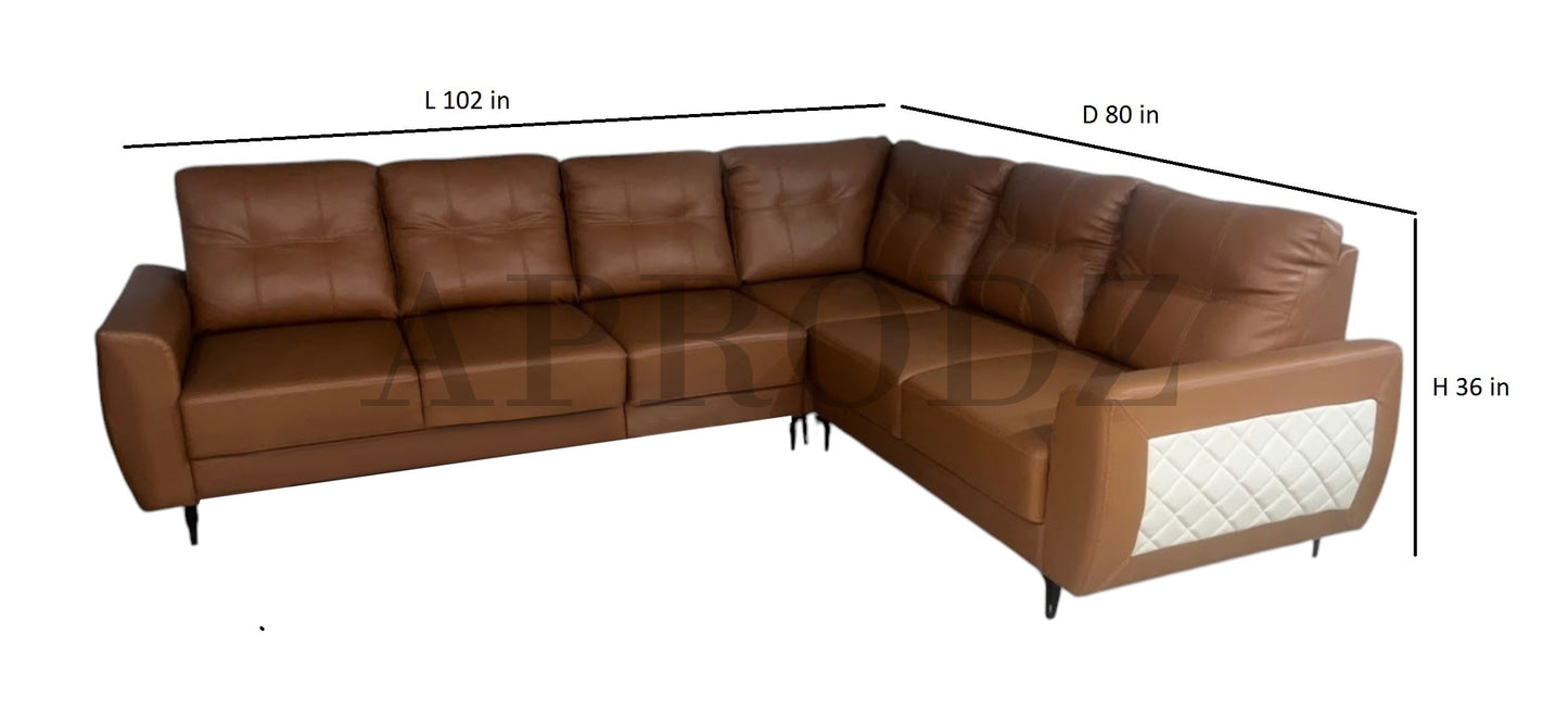 Modern L-Shaped Sectional Sofa, 6-Seater, Brown Faux Leather with Quilted Accents