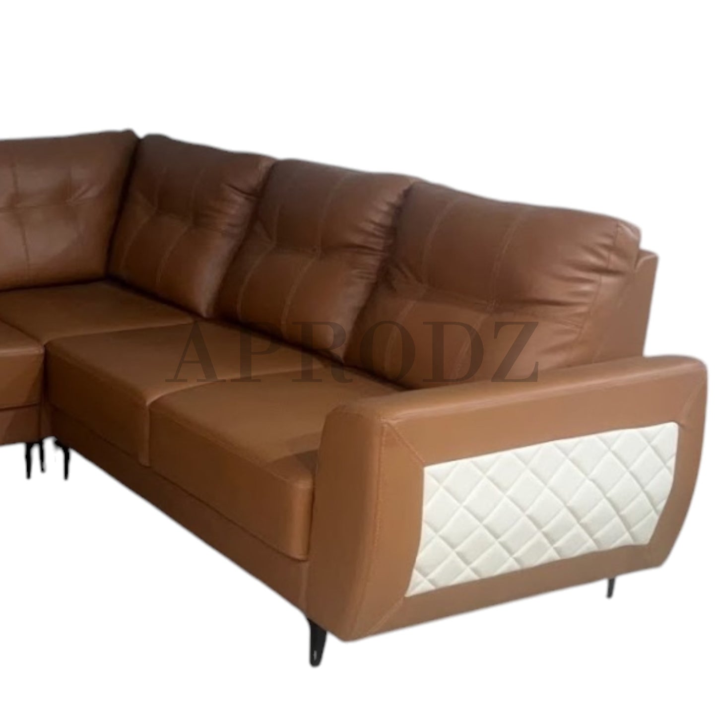 Modern L-Shaped Sectional Sofa, 6-Seater, Brown Faux Leather with Quilted Accents