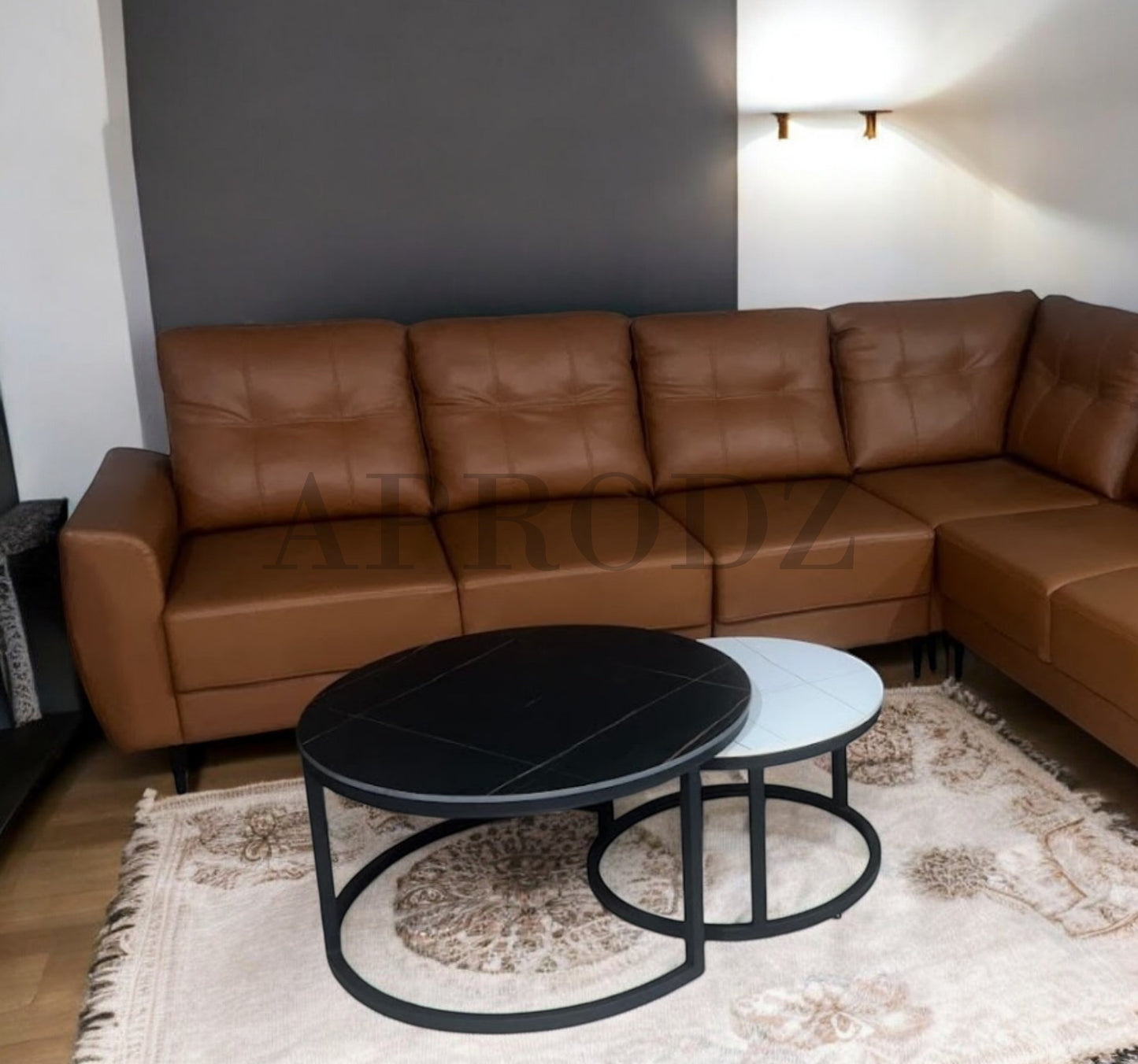 Modern L-Shaped Sectional Sofa, 6-Seater, Brown Faux Leather with Quilted Accents
