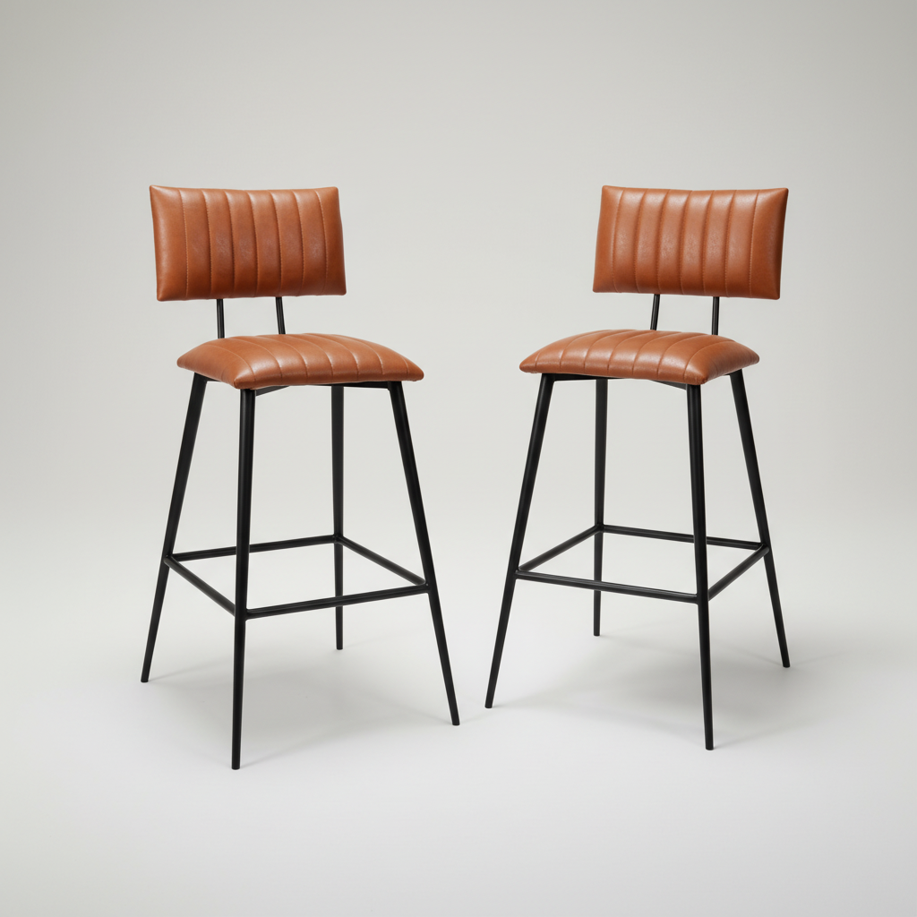 Upholstered Cold Rolled Steel Bar Stool (Brown Fabric + Black Powder Coated) - Set of 2