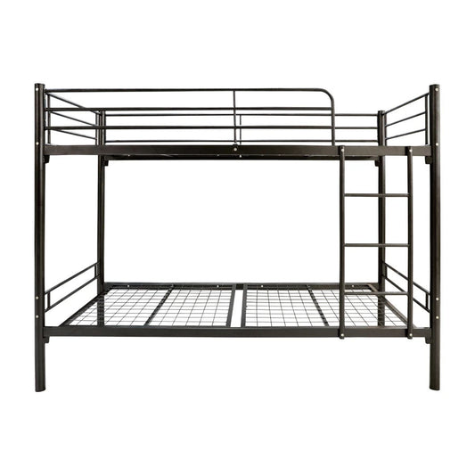 A black powder-coated metal bunk bed with a headboard and footboard, designed for kids.