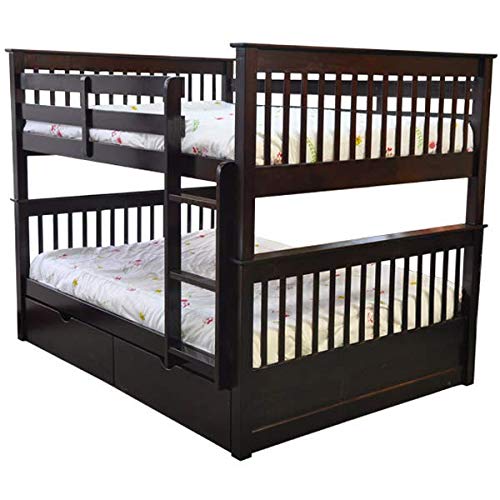 A brown wooden bunk bed with storage drawers, featuring a ladder and two mattresses, set against a white background.